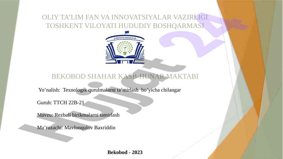 Rezbali birikmalarni tamirlash mavzusi