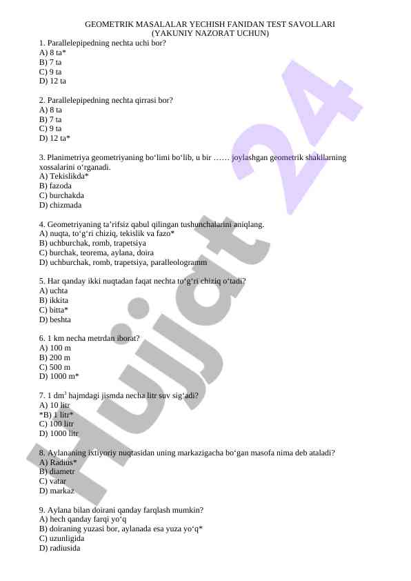 Geometrik masalalar yechish fanidan test savollari