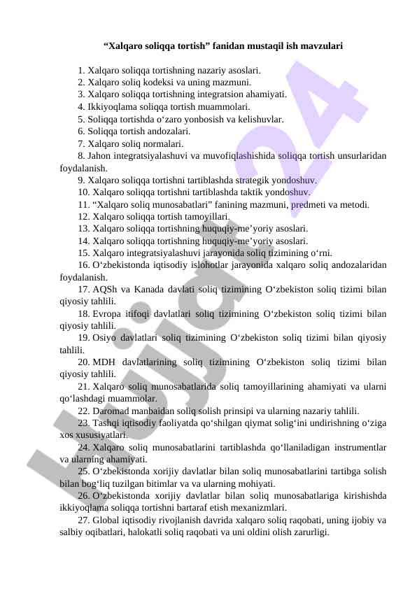 Xalqaro soliqqa tortish mavzulari tahlili