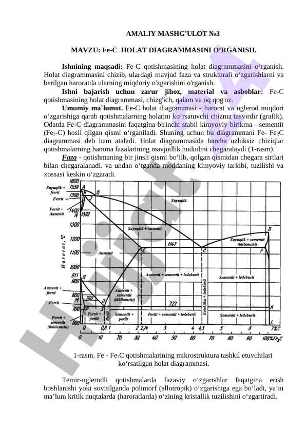 Fe-c holat diagrammasini o‘rganish amaliy mashg‘ulot