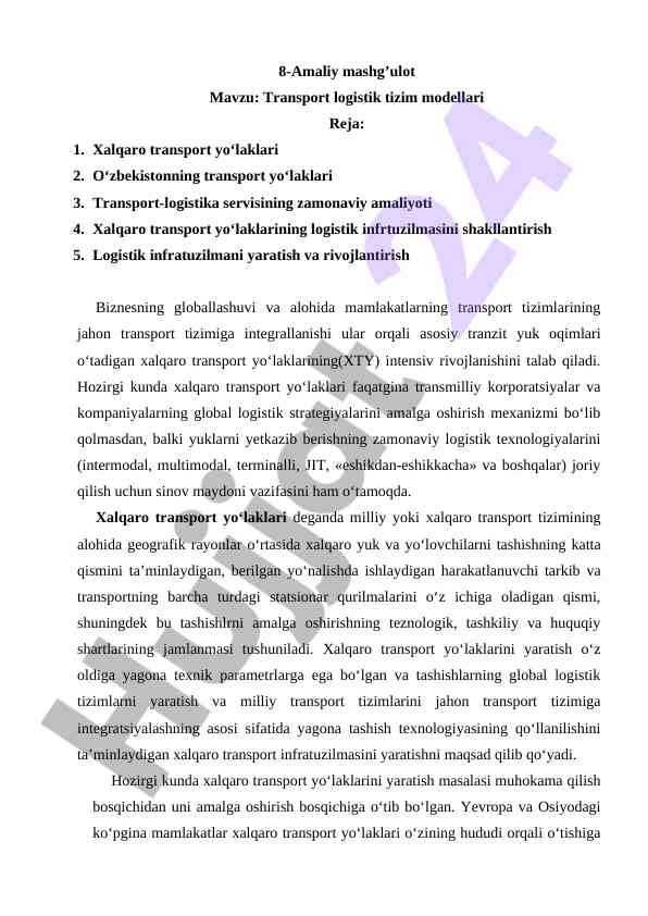 Transport logistik tizim modellari mavzusida amaliy mashg‘ulot