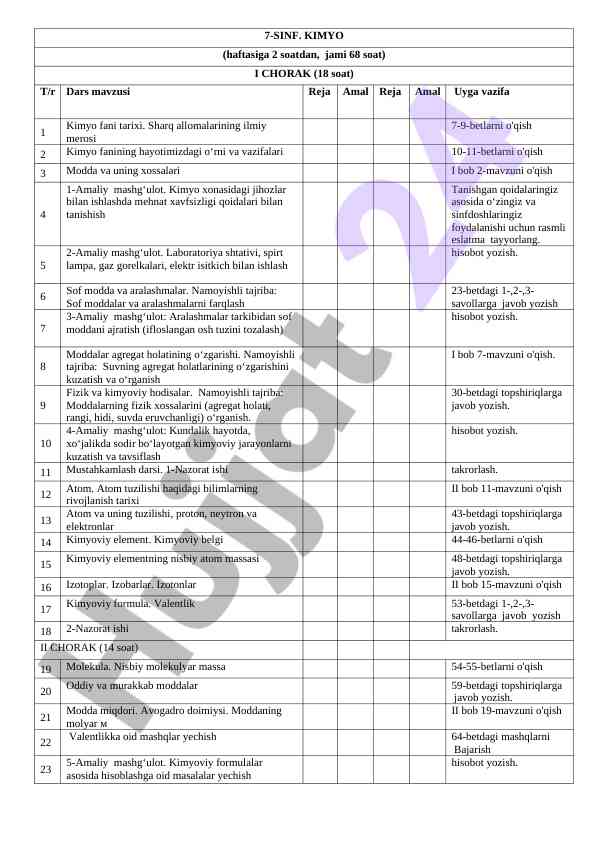 Kimyo ta’lim rejasi 8-sinf o‘quv yili 2022-2023