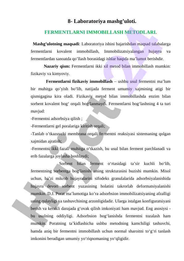 Fermentlarni immobillash metodlari tahlili