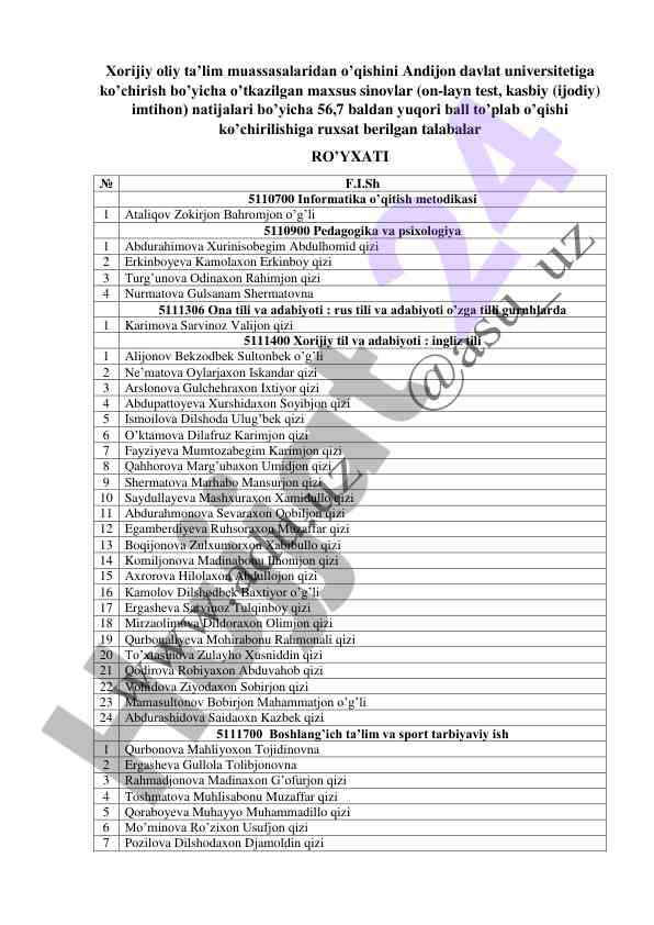 Talabalar ro'yxati olimpiya sinovlarida