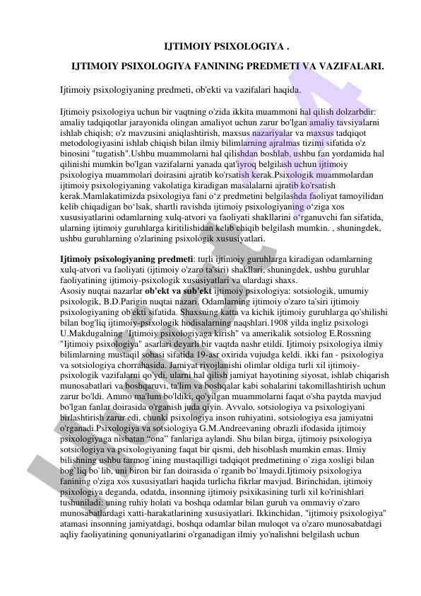 Ijtimoiy psixologiya fanining predmeti va vazifalari