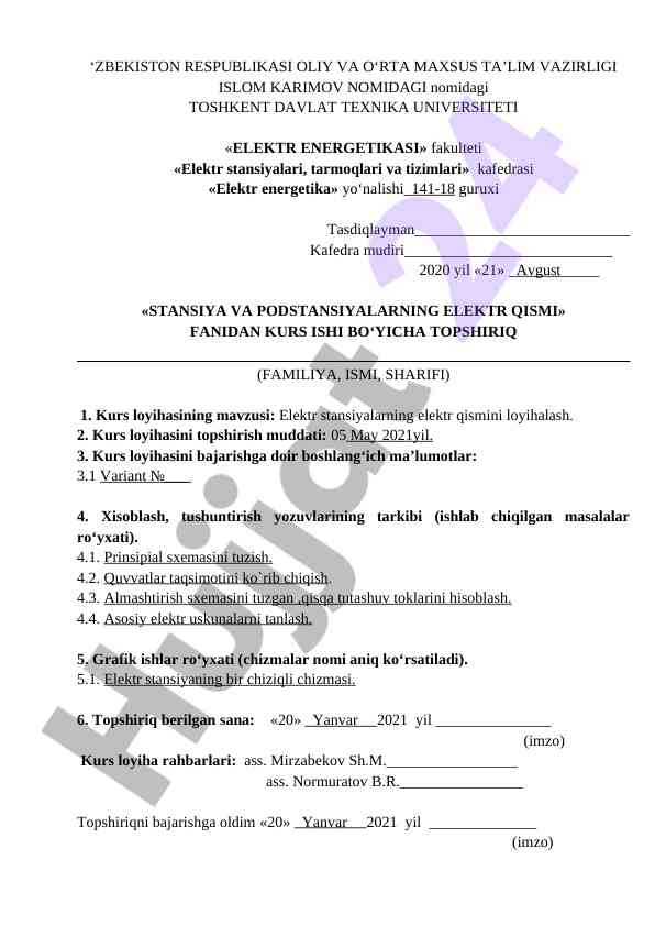 Elektr stansiyalarining elektr qismini loyihalash
