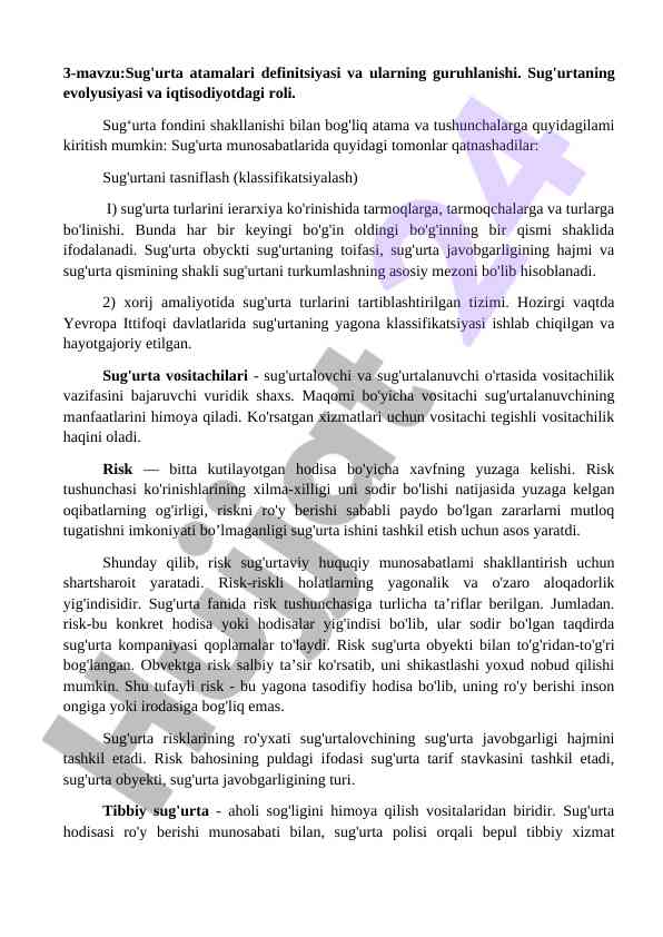 Sug'urta atamalari definitsiyasi va ularning guruhlanishi