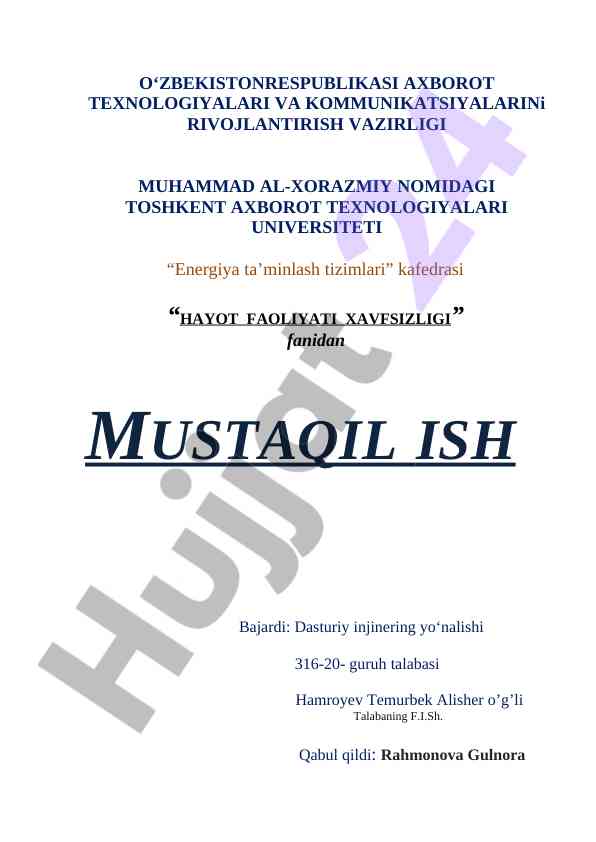 Elektr xavfsizligi tizimlari bo'yicha mustaqil ish