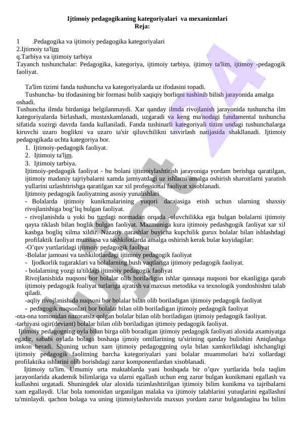 Ijtimoiy pedagogikaning kategoriyalari va mexanizmlari