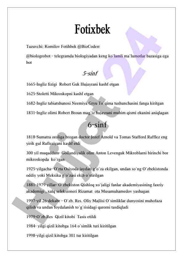 Biologiya fanining muhim kashflari va o`zbekiston