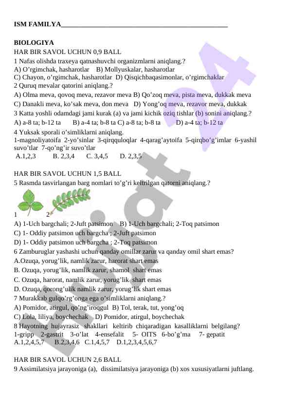 Biologiya test savollari analizi