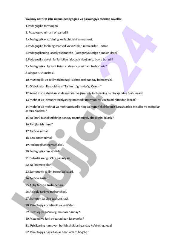 Pedagogika va psixologiya fani savollari