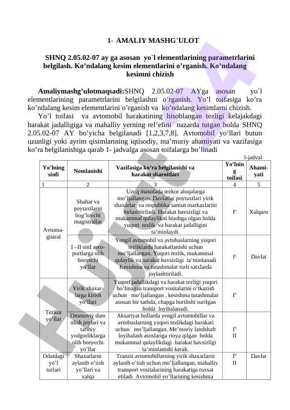Yo'l elementlari parametrlari va kesimlarni o'rganish