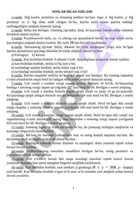 Sonlar bilan ishlash vazifalari