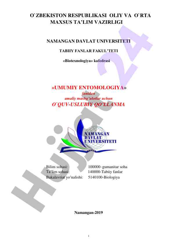 Umumiy entomologiya fani bo‘yicha amaliy mashg‘ulotlar