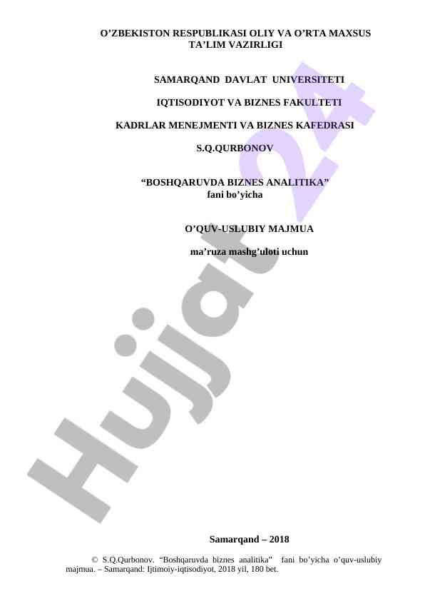 Boshqaruvda biznes analitika o‘quv-uslubiy majmua