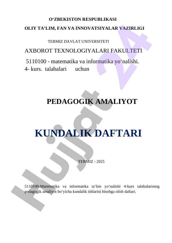 Pedagogik amaliyot hisobga olish daftari