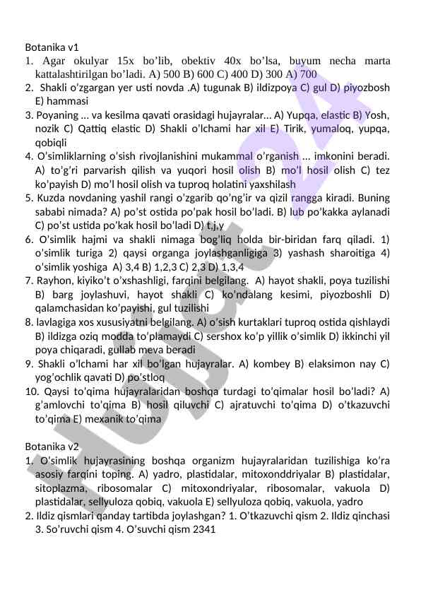 O’simliklar haqida test savollari