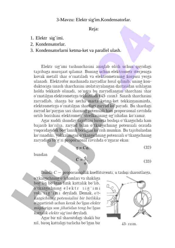 Kondensatorlar va ularning elektr sig'imi