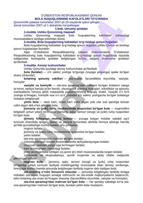 Bola huquqlari kafolatlari qonunining asosiy qoidalari