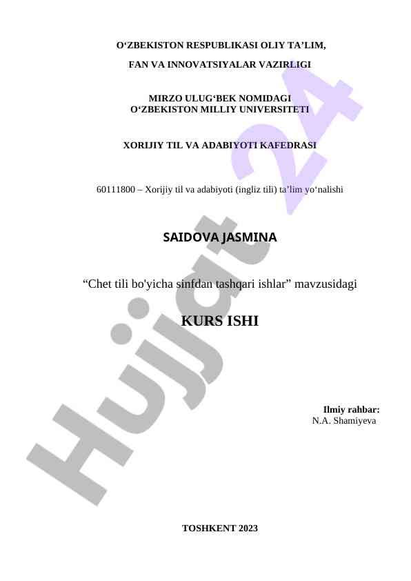 Chet tili bo'yicha sinfdan tashqari ishlar