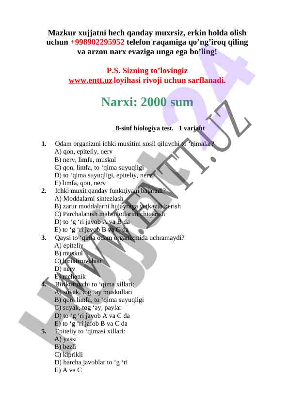 8-sinf biologiya test savollari