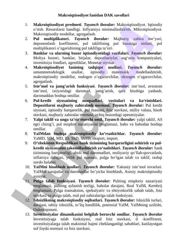 Makroiqtisodiyot fanidan dak savollari