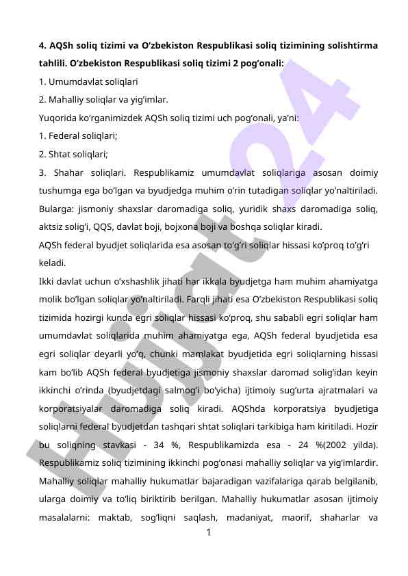 Aqsh va o’zbekiston soliq tizimining tahlili