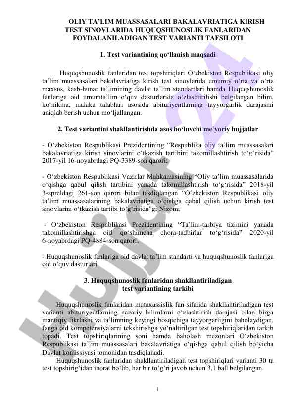Huquqshunoslik fanlari test varianti tafsiloti