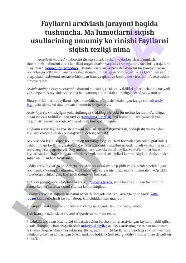 Fayllarni arxivlash jarayoni va ma'lumotlarni siqish