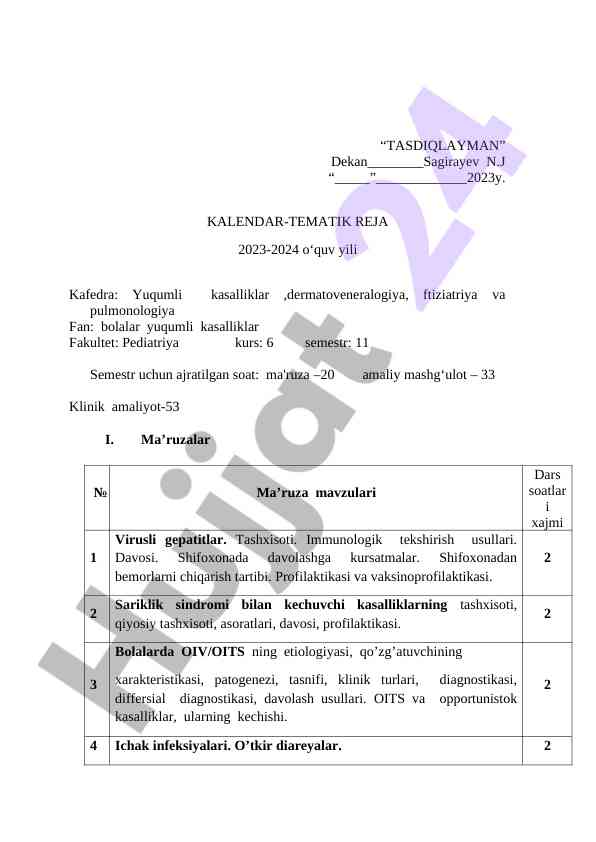 Kalendar-tematik reja 2023-2024 o‘quv yili