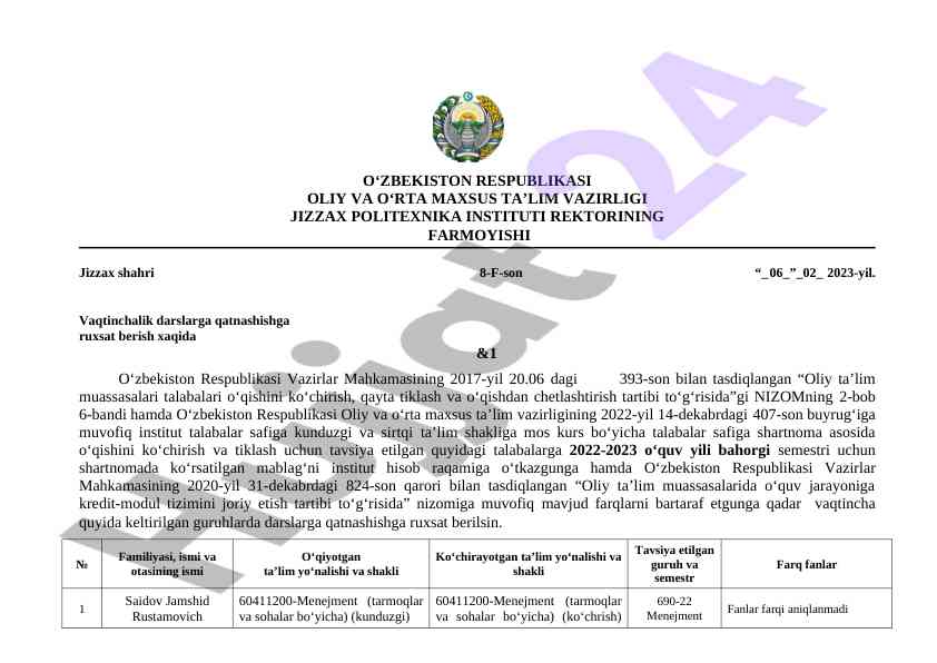 Oliy ta’limda darslarga qatnashishga ruxsat berish
