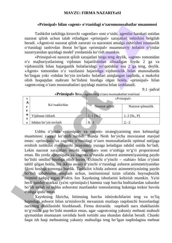 Firma nazariyasida prinsipal va agent munosabatlari