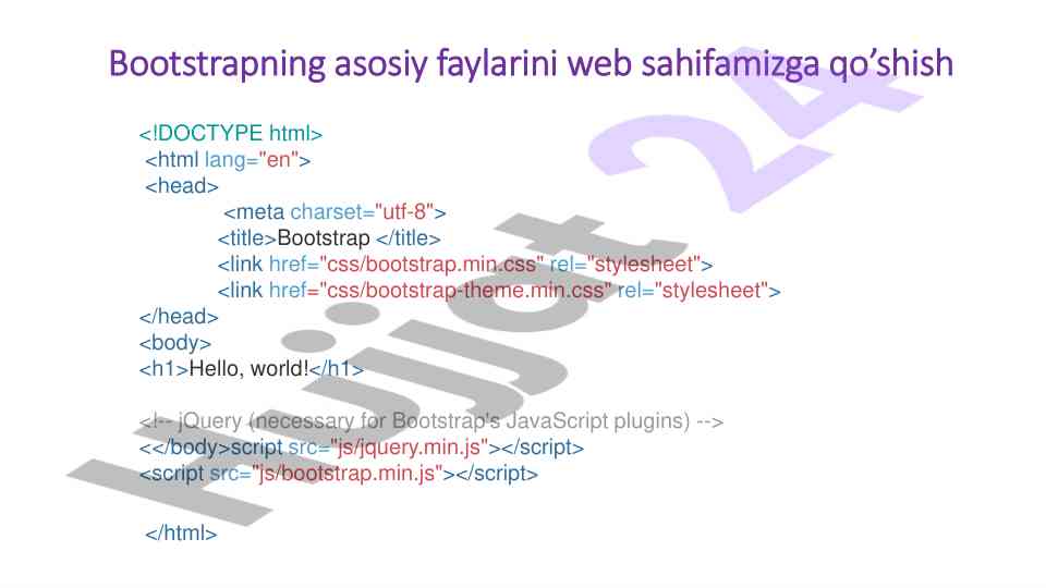 Bootstrap asosiy faylarini web sahifaga qo’shish