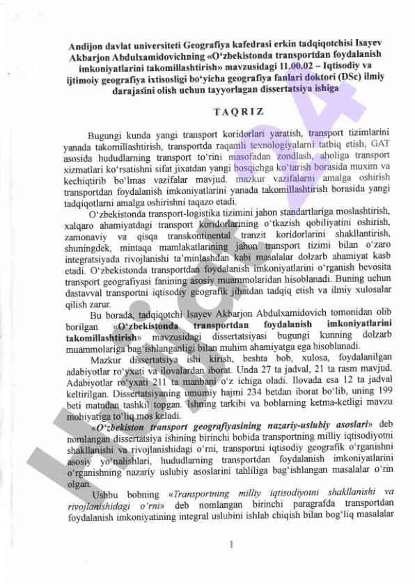 O'zbekistonda transportni takomillashtirish imkoniyatlari