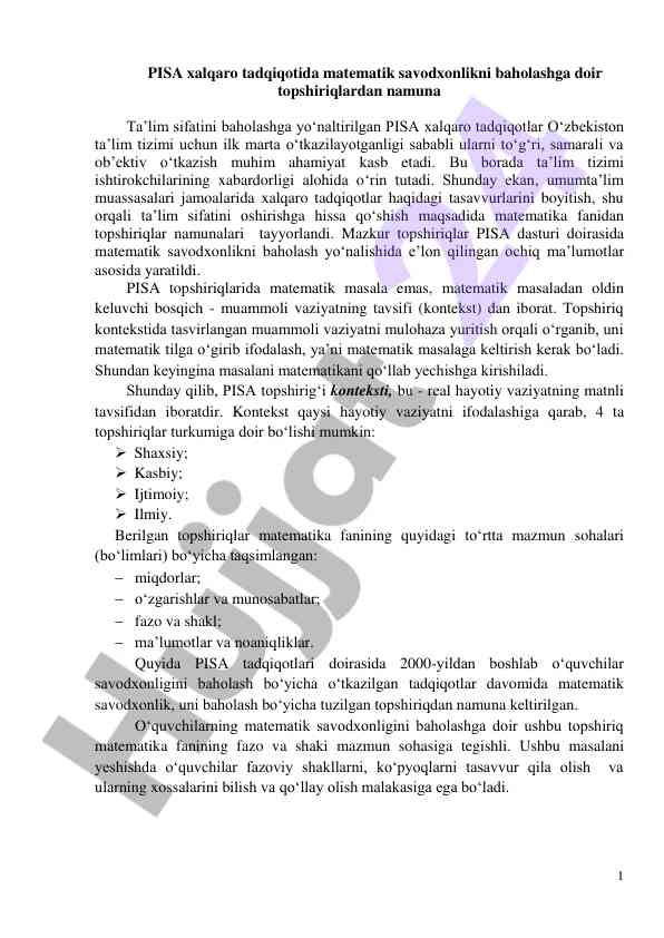 Pisa matematik savodxonlik baholash topshiriqlari