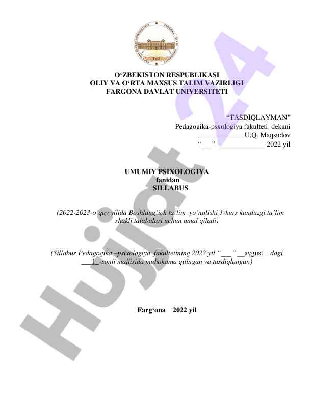 Umumiy psixologiya sillabus 2022-2023 o‘quv yili