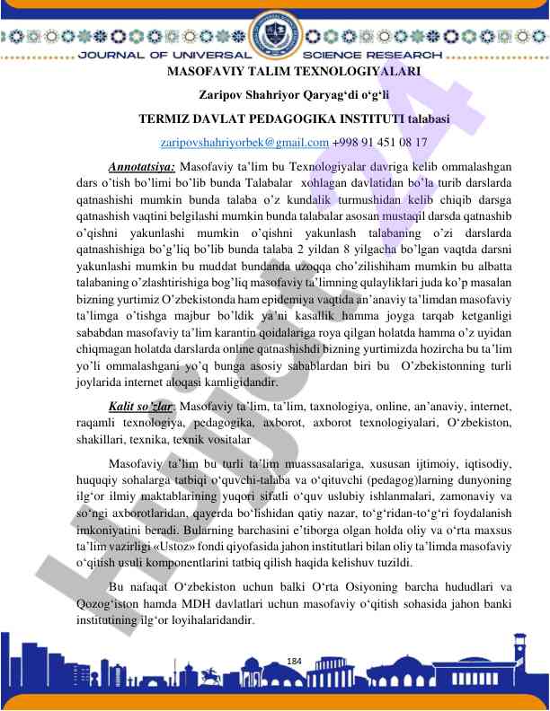 Masofaviy ta'lim texnologiyalari o'zbekiston