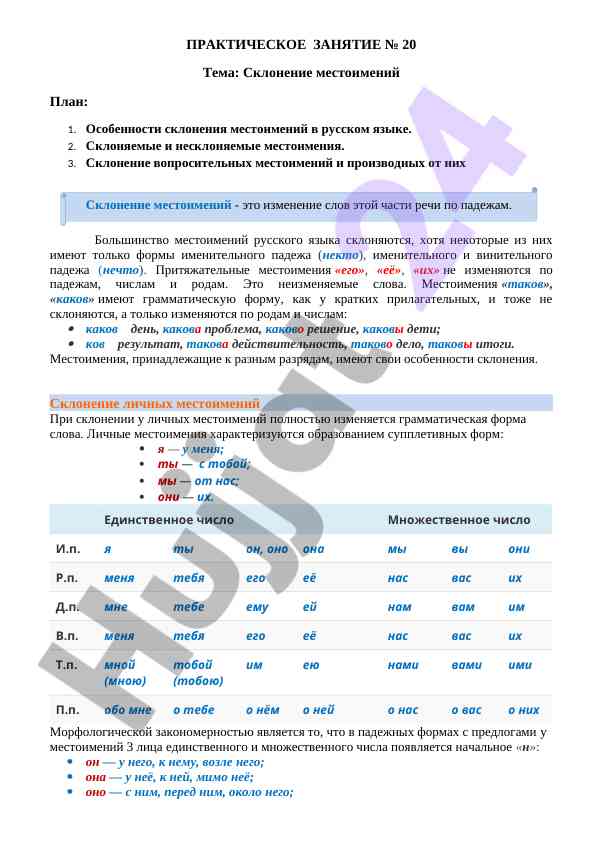 Склонение местоимений в русском языке