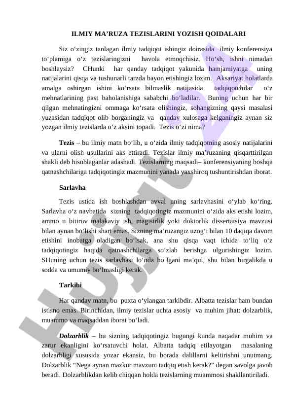 Ilmiy ma'ruza tezislarini yozish qoidalari