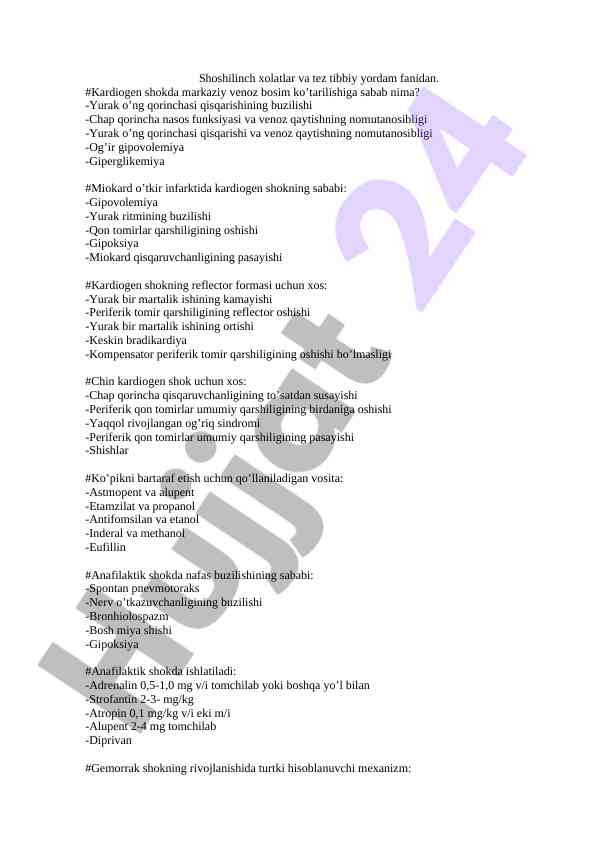 Kardiogen shok va tez tibbiy yordam fanidan ma'lumotlar