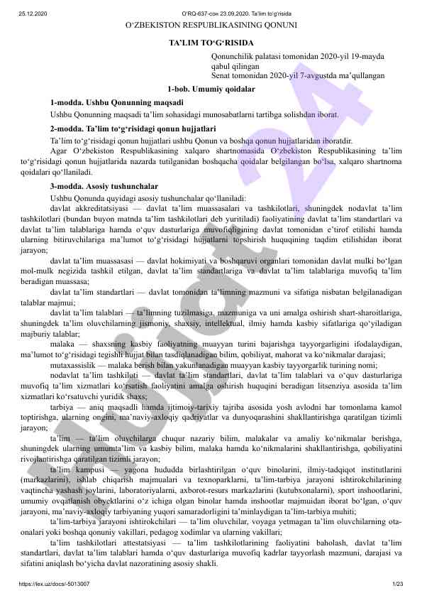 O‘zbekiston respublikasi ta’lim to‘g‘risida qonun