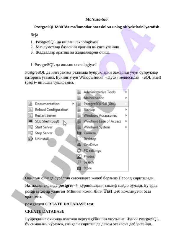 Postgresql da ma'lumotlar bazasini yaratish