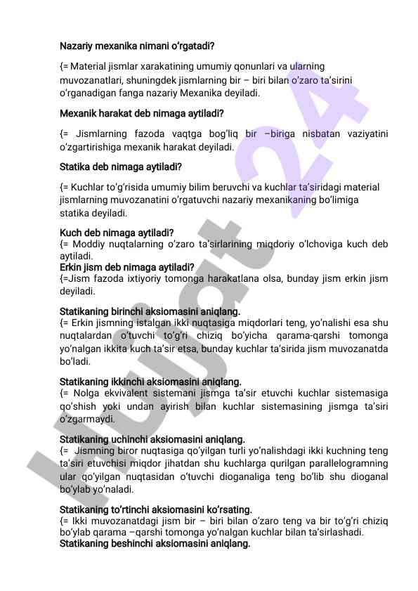 Nazariy mexanika asoslari va statika qoidalari