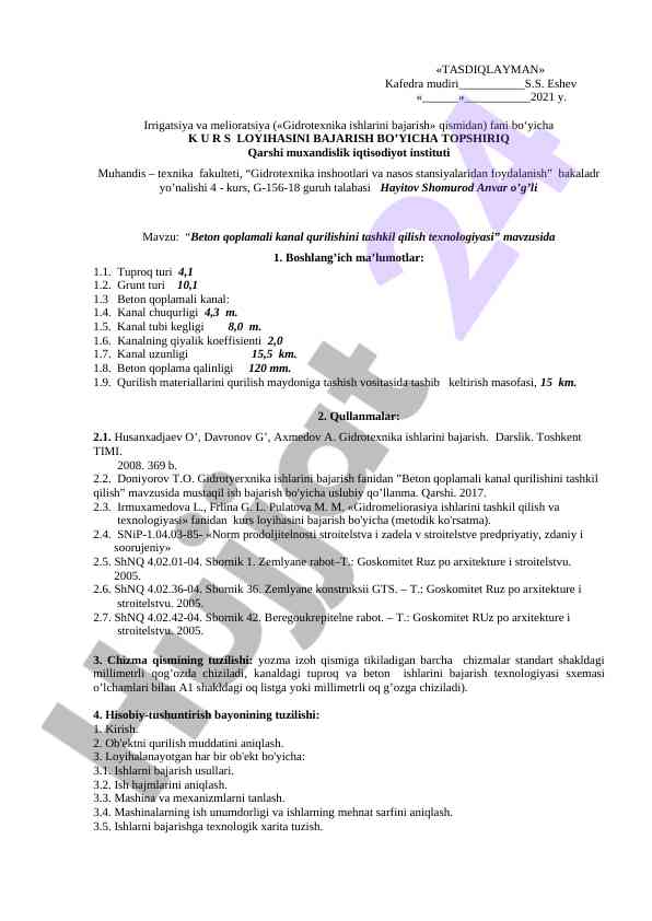 Beton qoplamali kanal qurilishini tashkil qilish texnologiyasi