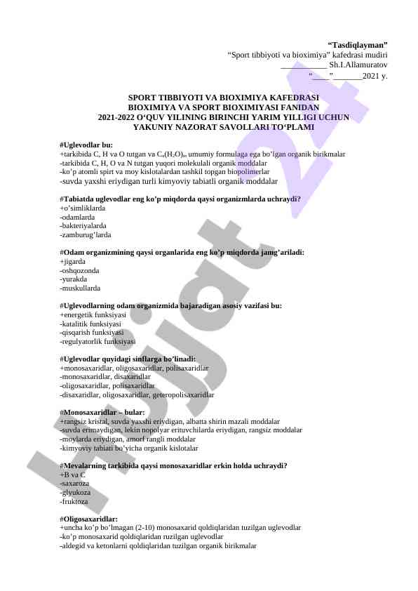 Yakuni nazorat savollari sport tibbiyoti va bioximiya