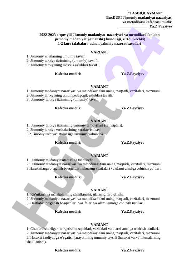 Jismoniy Madaniyat Nazariyasi Va Metodikasi Savollari