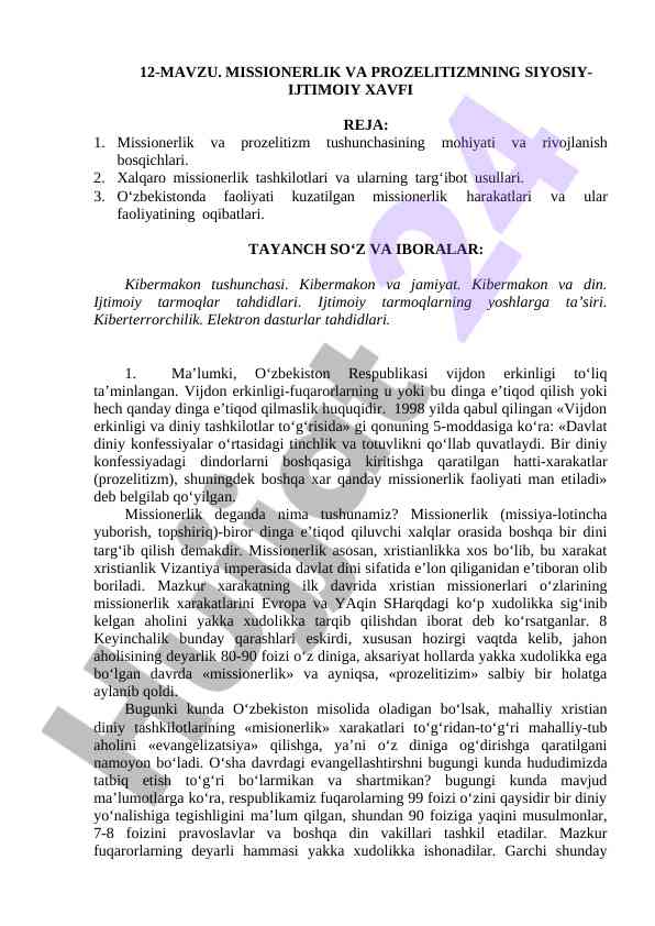 Missionerlik va prozelitizmning siyosiy-ijtimoiy xavfi