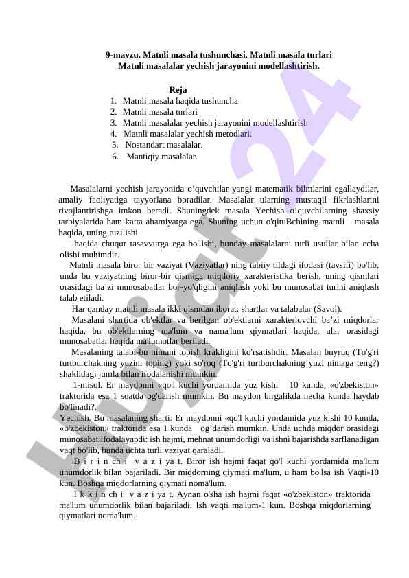 Matnli masala tushunchasi va turlari