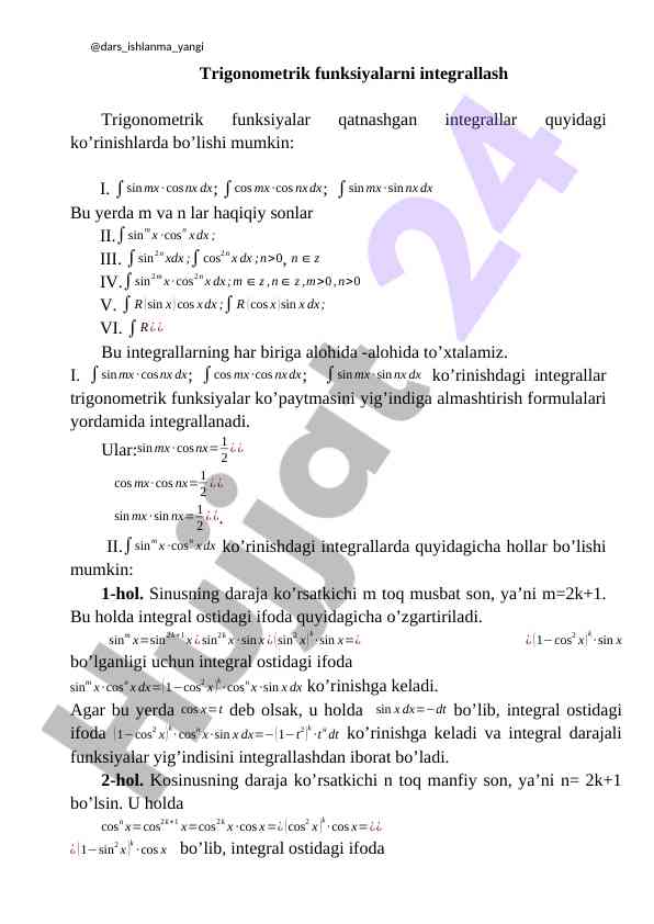Trigonometrik funktsiyalarni integrallash